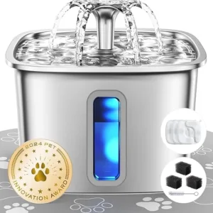 Veken - Fuente de Agua para Gatos de Acero Inoxidable, 108oz/3.2L, Dispensador Automático de Agua para Perros con 3 Filtros de Repuesto y Alfombrilla de Silicona