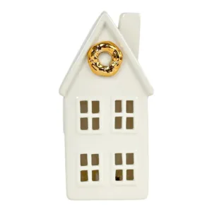 Casita de cerámica blanca con dorado y luz – Santini Christmas