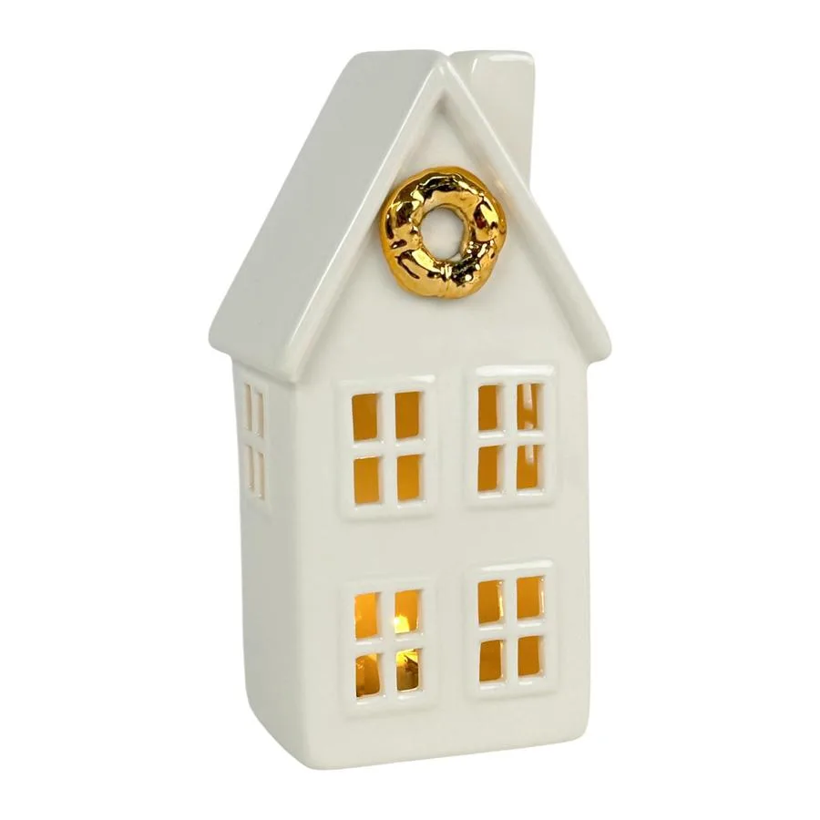 Casita de cerámica blanca con dorado y luz – Santini Christmas - Image 2