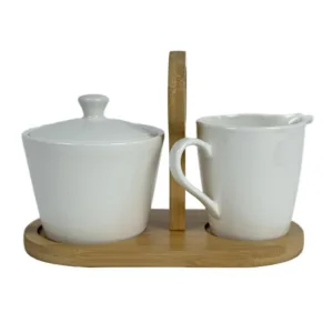 Set de 2 Azucarero y Lechera, 2 piezas cerámicas blancas con soporte de madera y asa – Concepts Life