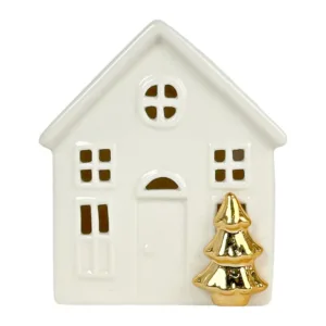Casita de cerámica blanca con dorado y luz – Santini Christmas